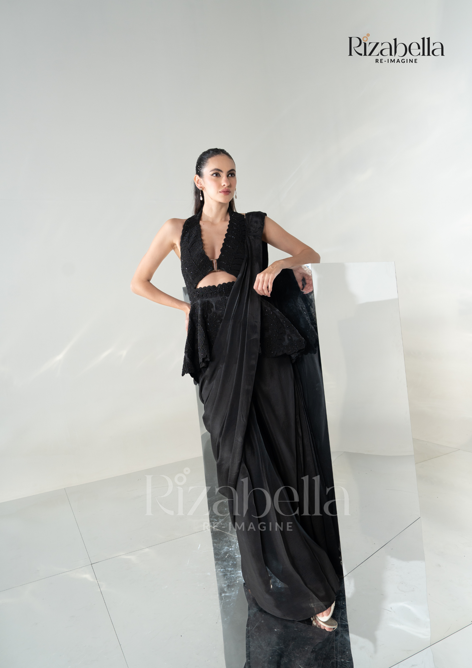 Black Luxe Peplum Drape Saree Set
