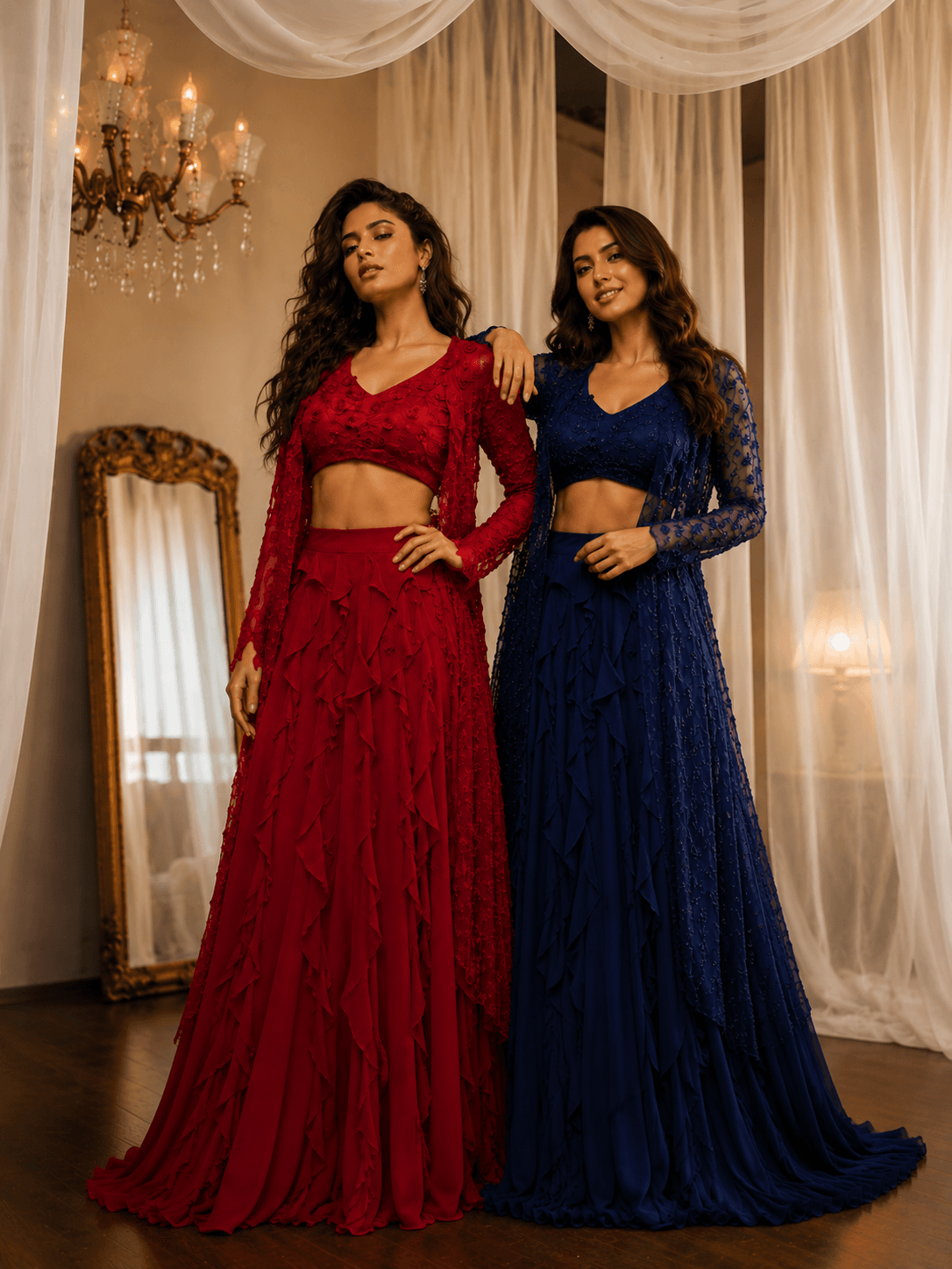 Red Rose Embroidered Lehenga Set Red