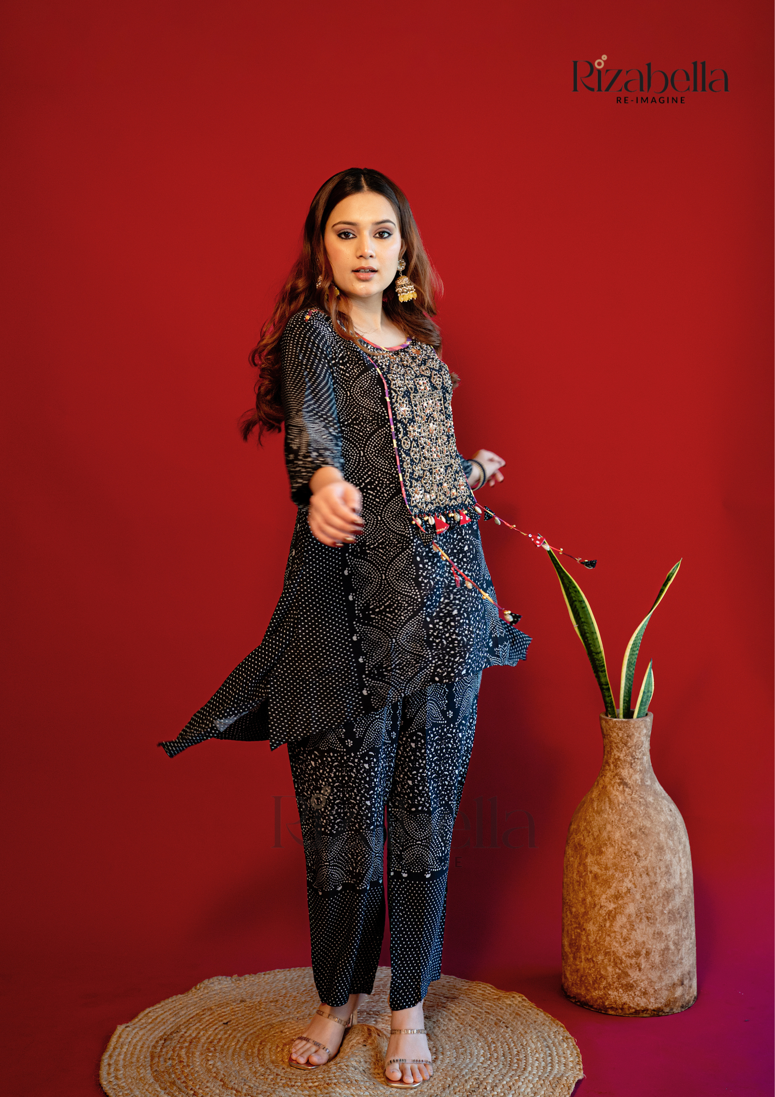 Embroidered Kaftan Pant Set - Black