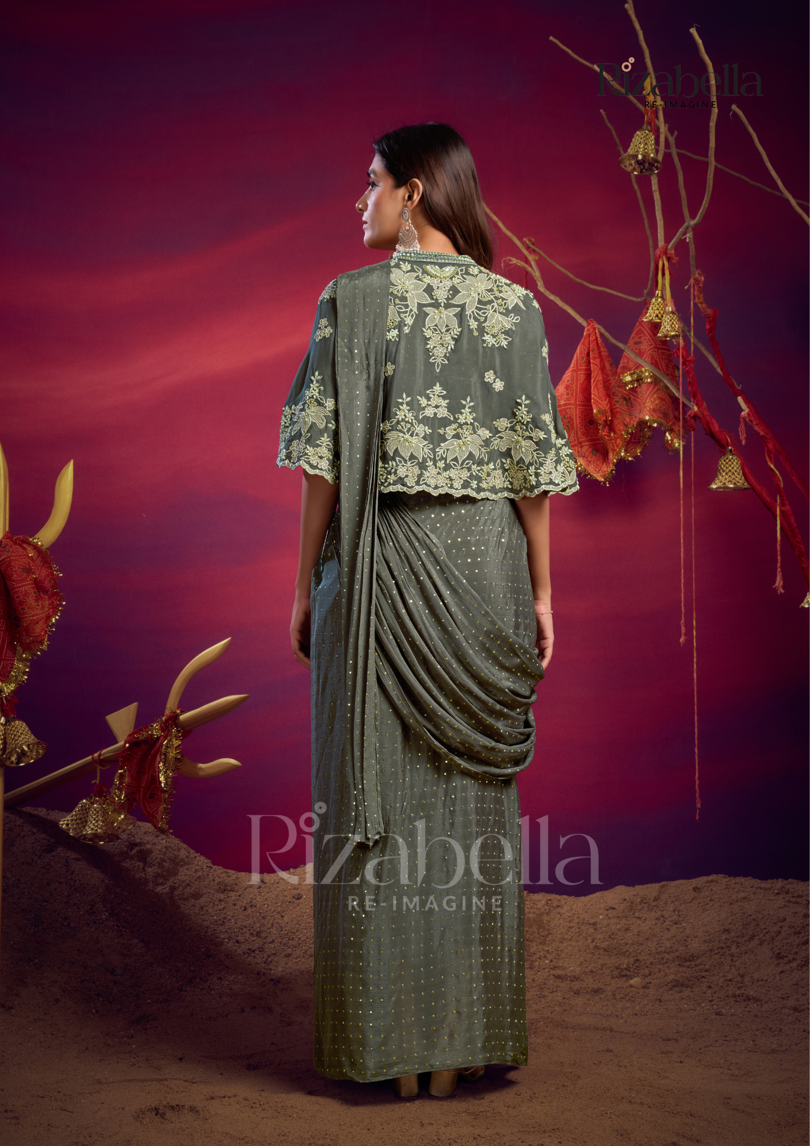 Predrape saree with applique cape