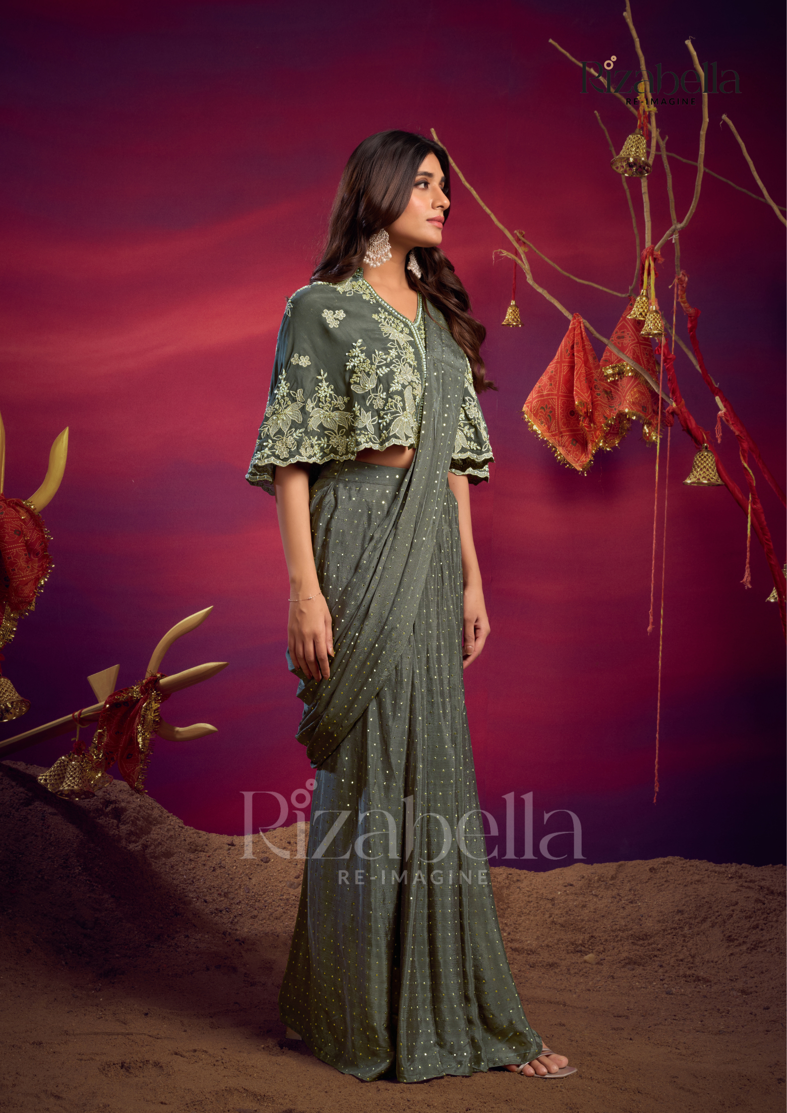 Predrape saree with applique cape