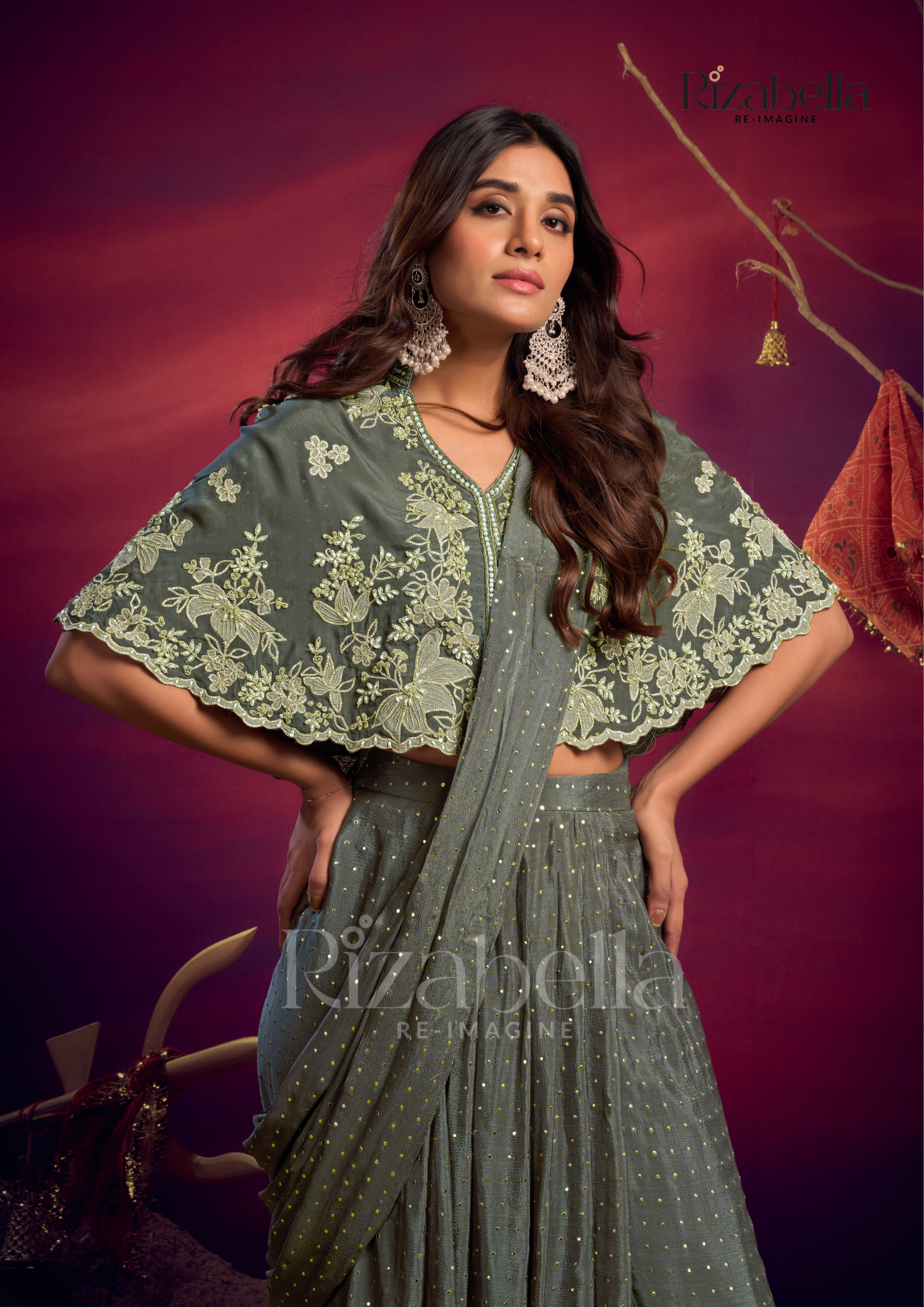 Predrape saree with applique cape