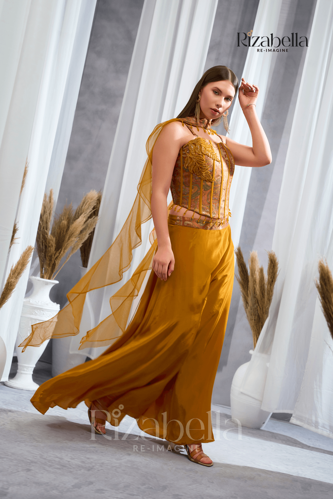Nova Mustard Embroidered Ethnic crop top set