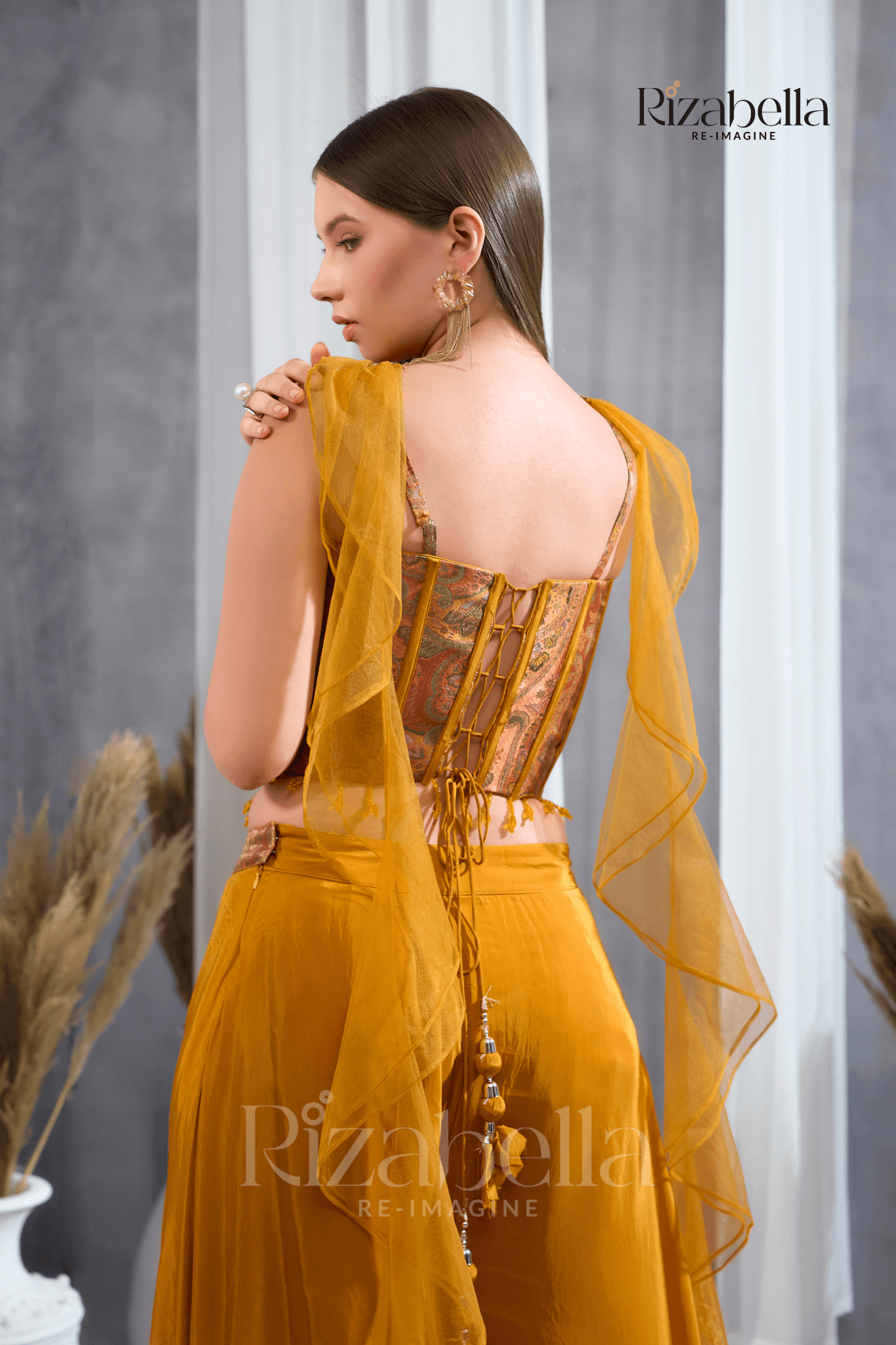 Nova Mustard Embroidered Ethnic crop top set