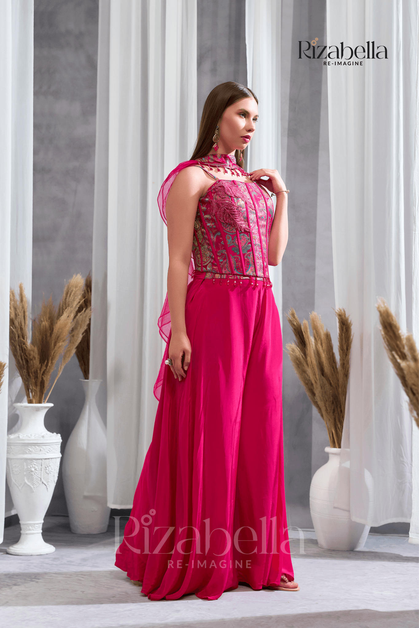 Nova Pink Embroidered Ethnic crop top set