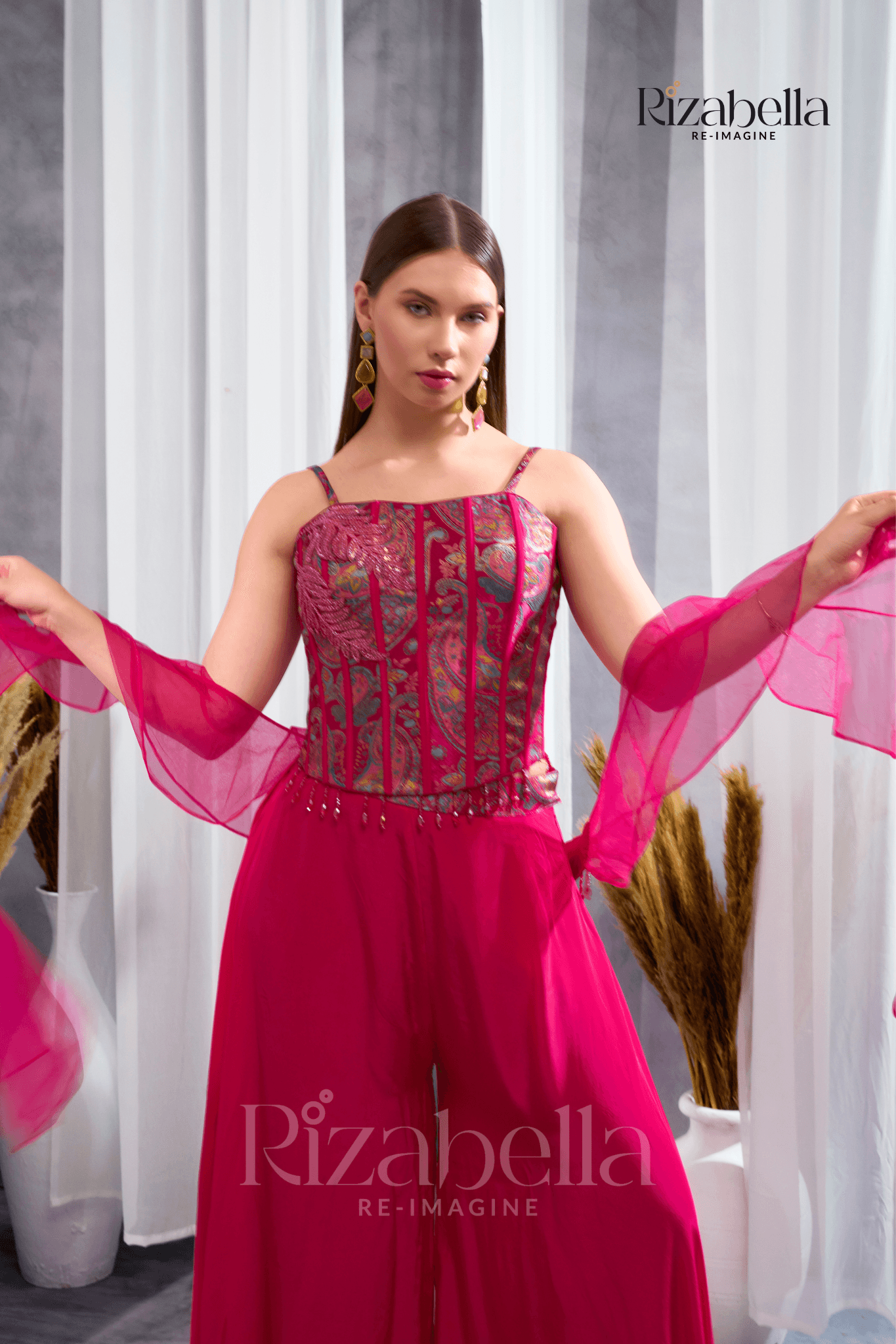 Nova Pink Embroidered Ethnic crop top set
