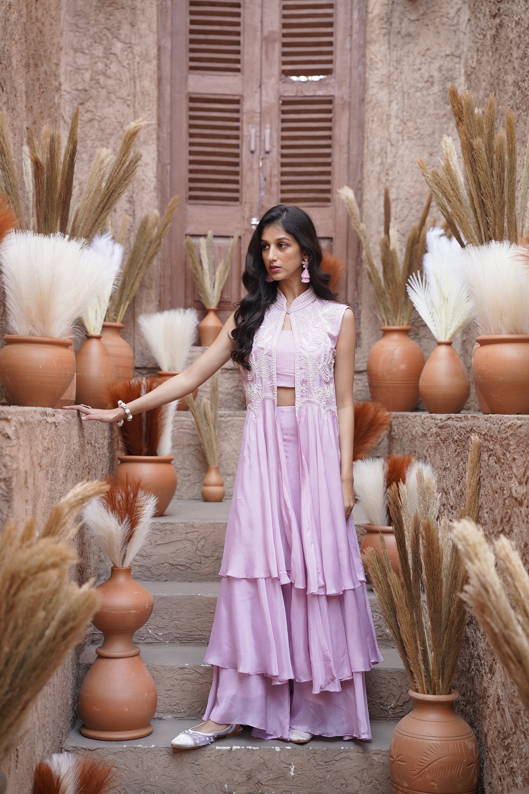 Beaded long jacket set - Lilac