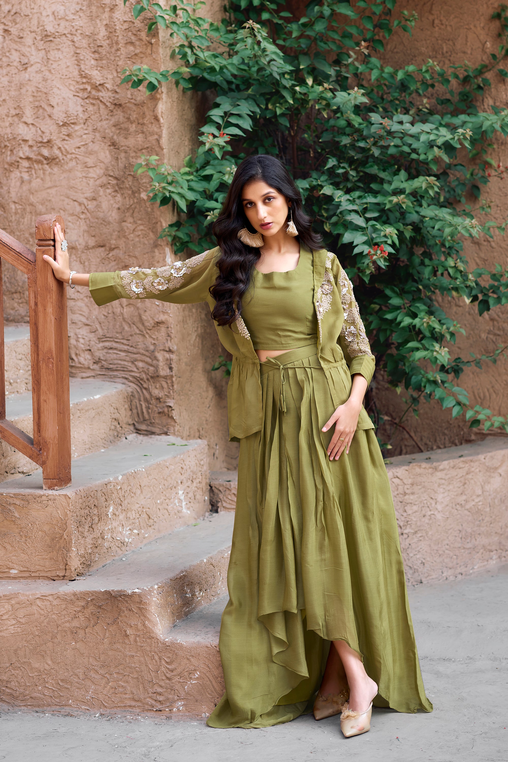 Olive green embellished sleeves shrug set