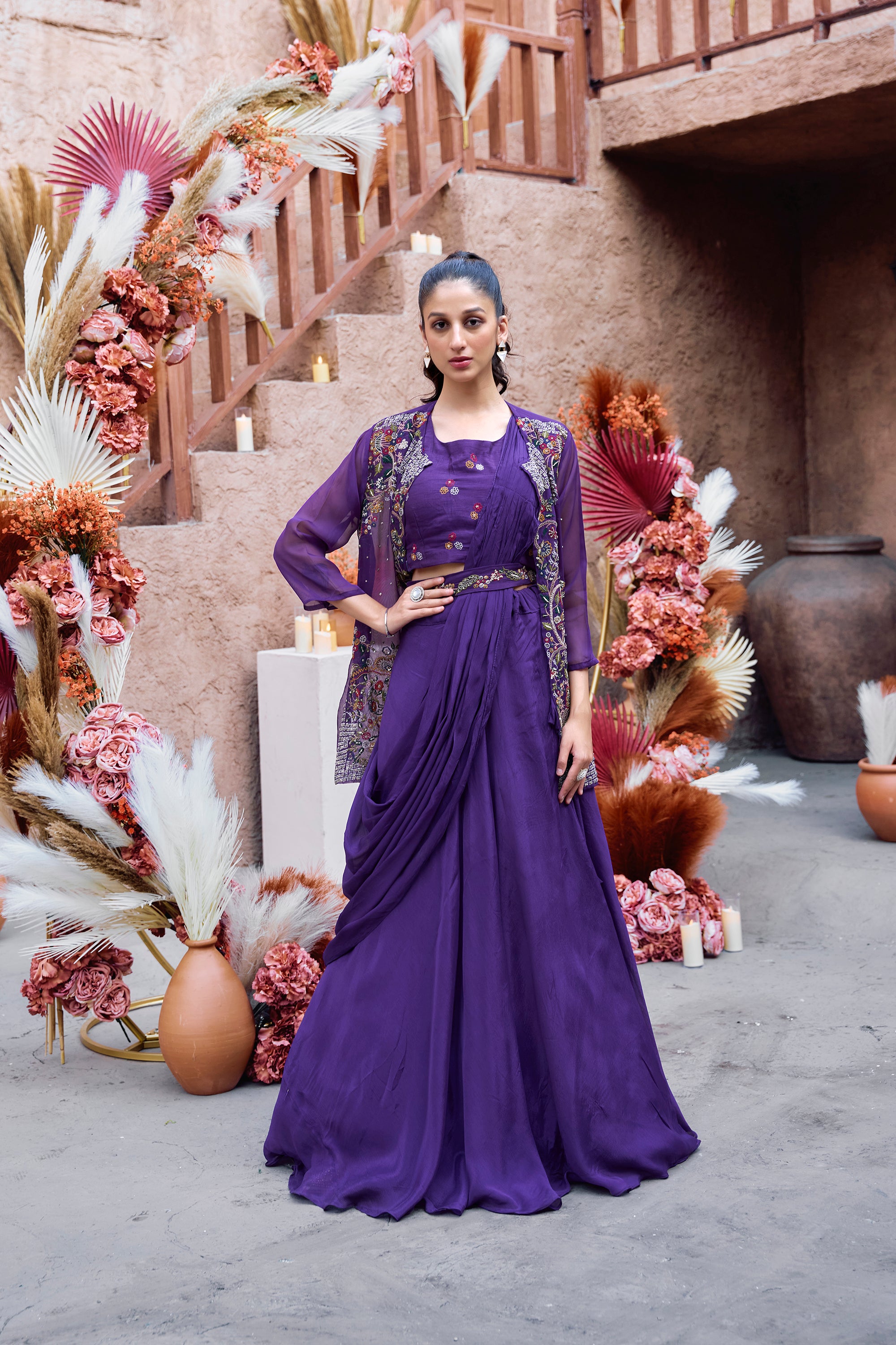 Gold Embroidered Jacket Set - Purple