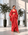 Foil Print Draped Co-ord Set with Ruffle Shrug Red