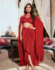 Elevated Draped Skirt Cape Set - Rust Red