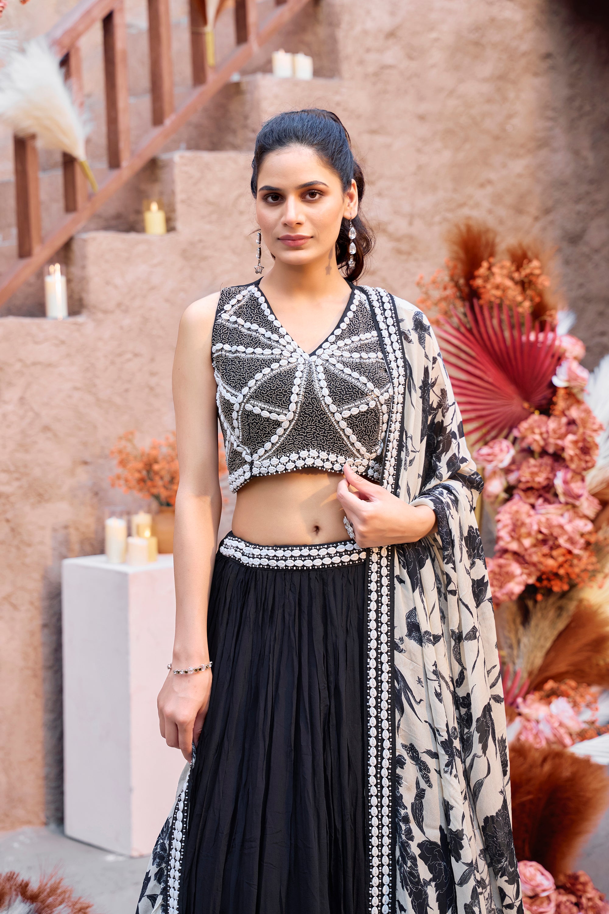 Black Shrug Set With Shell Embellishment