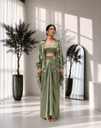 Foil Print Draped Co-ord Set with Ruffle Shrug Green