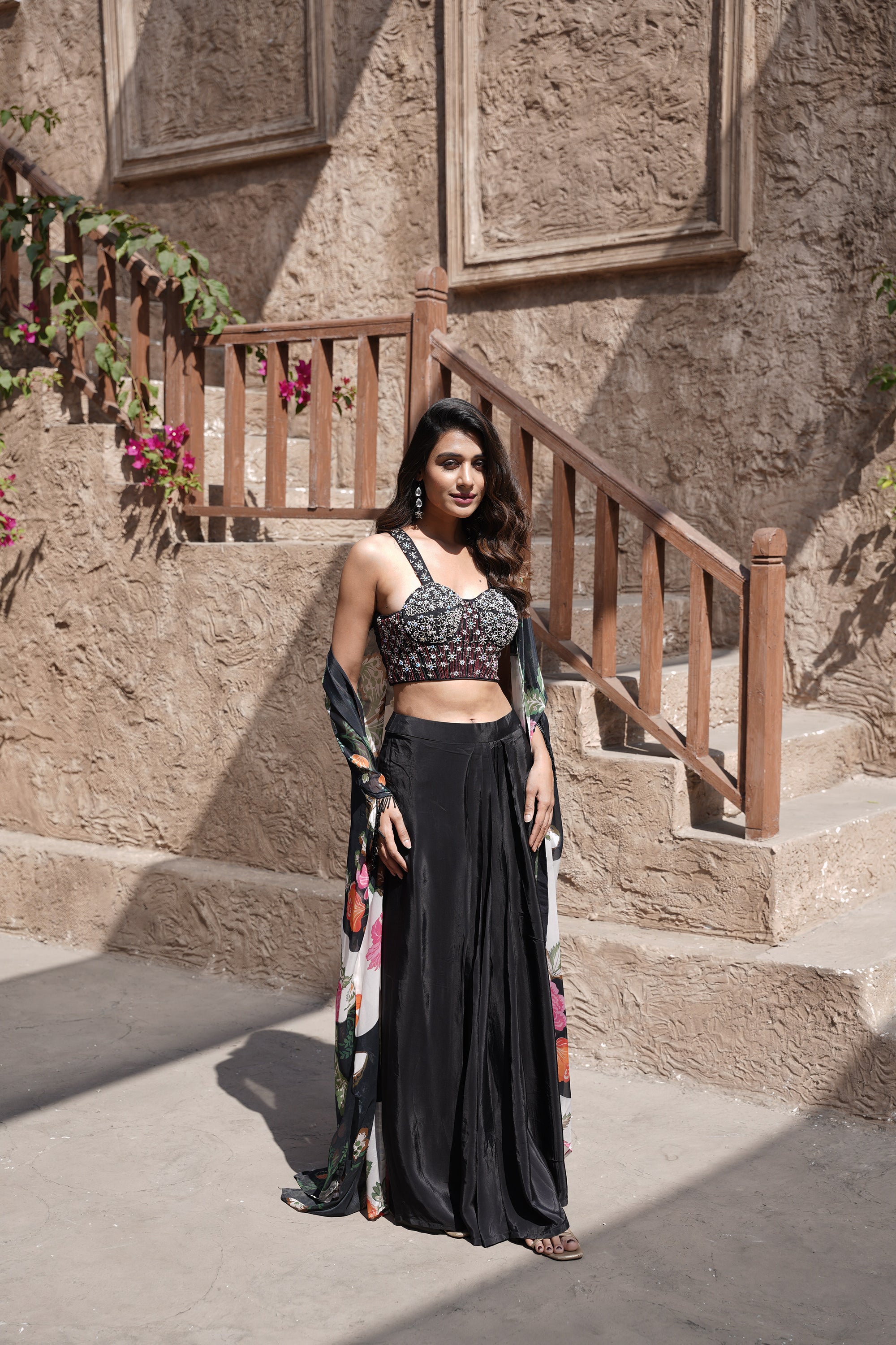 Floral Chiffon Beaded Contemporary Set - Black