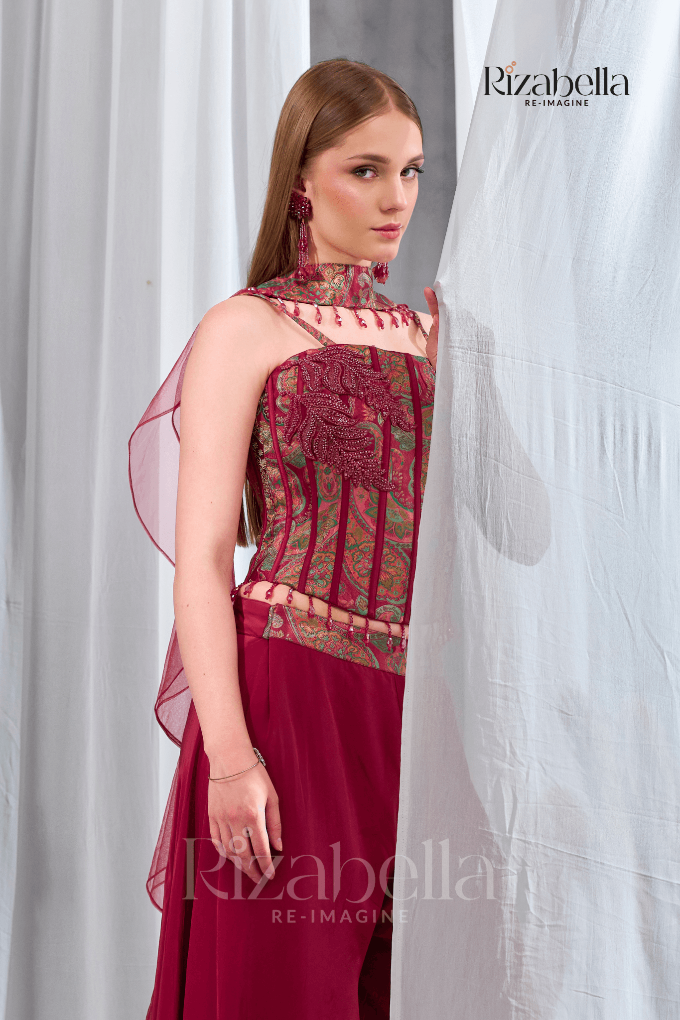 Nova red Embroidered Ethnic crop top set