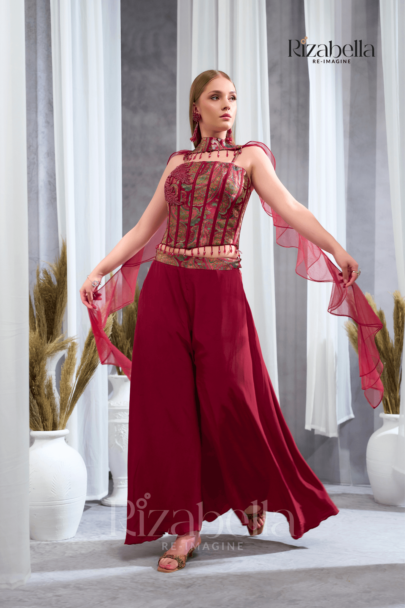Nova red Embroidered Ethnic crop top set