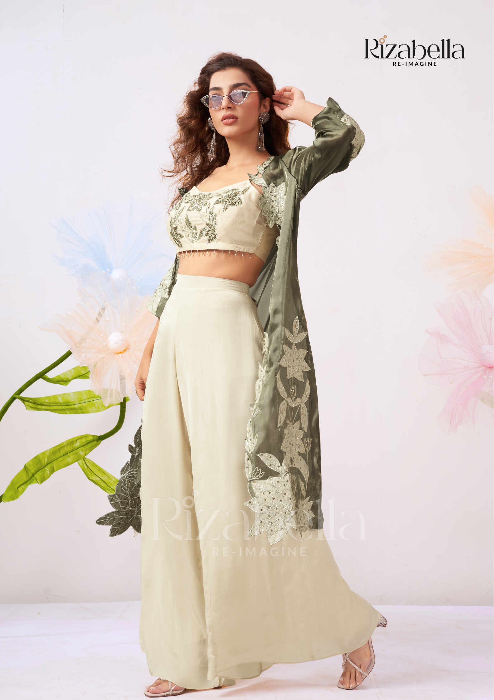 Zehra Leaf-Embroidered Cape Co-ord Set