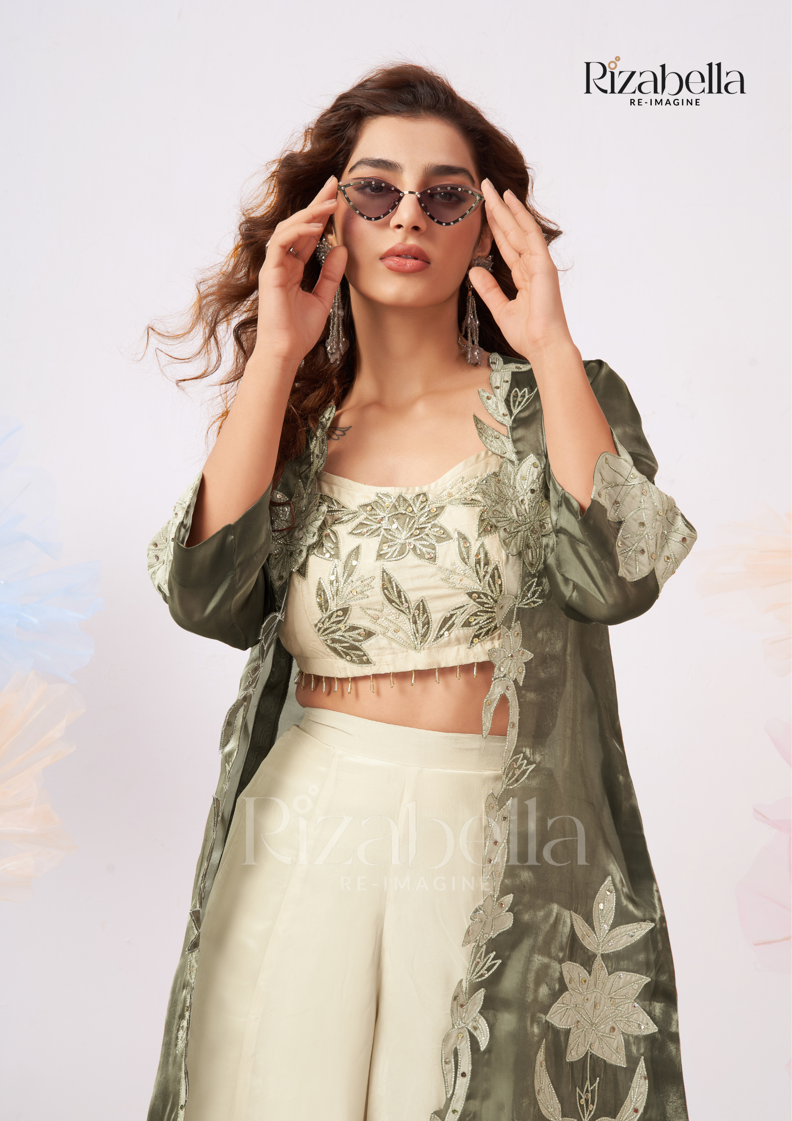 Zehra Leaf-Embroidered Cape Co-ord Set