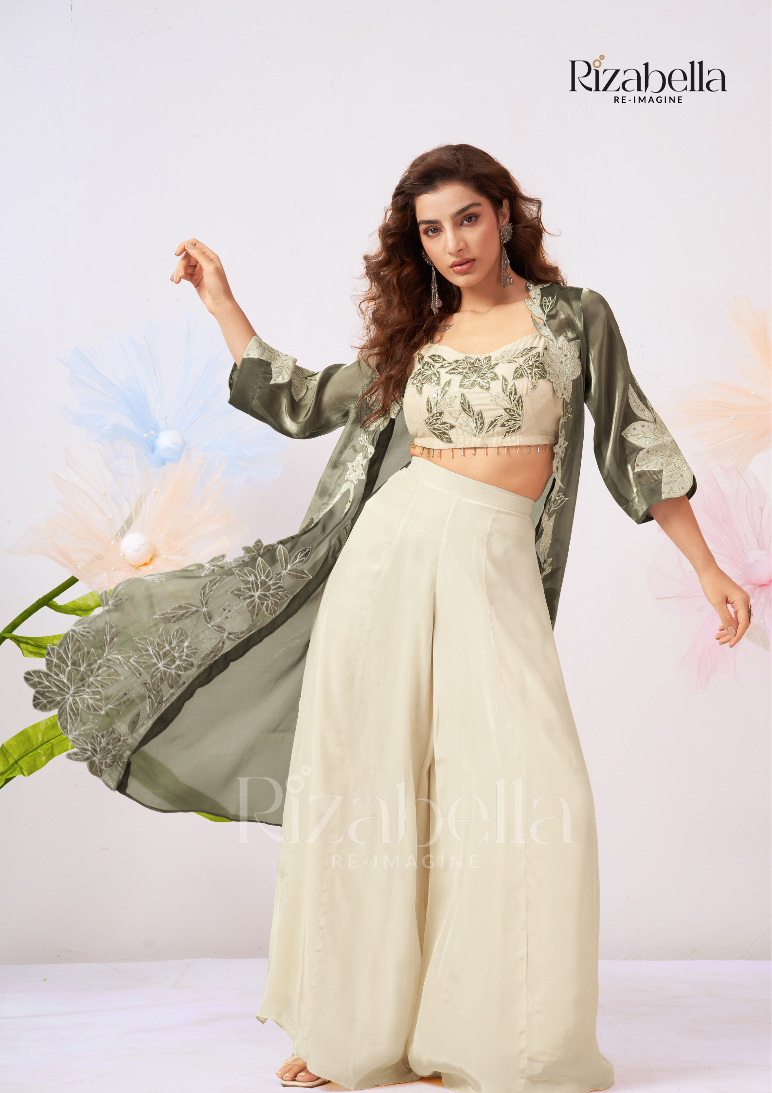 Zehra Leaf-Embroidered Cape Co-ord Set