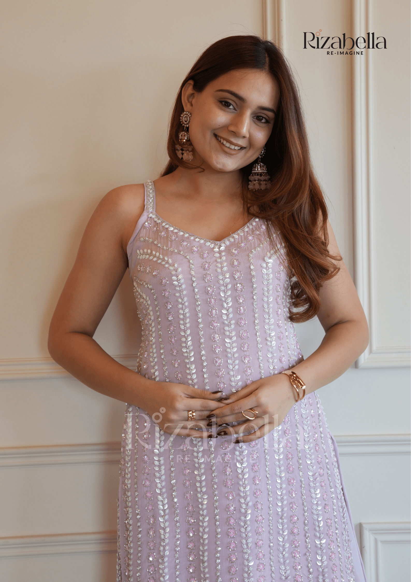 Mirror Embellished Sharara Set - Lavender