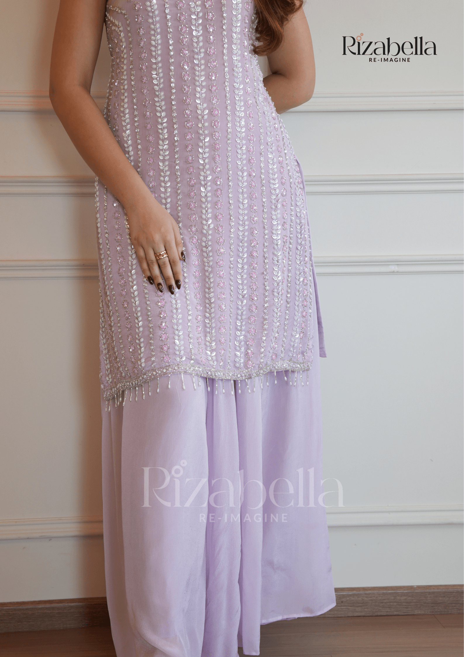 Mirror Embellished Sharara Set - Lavender
