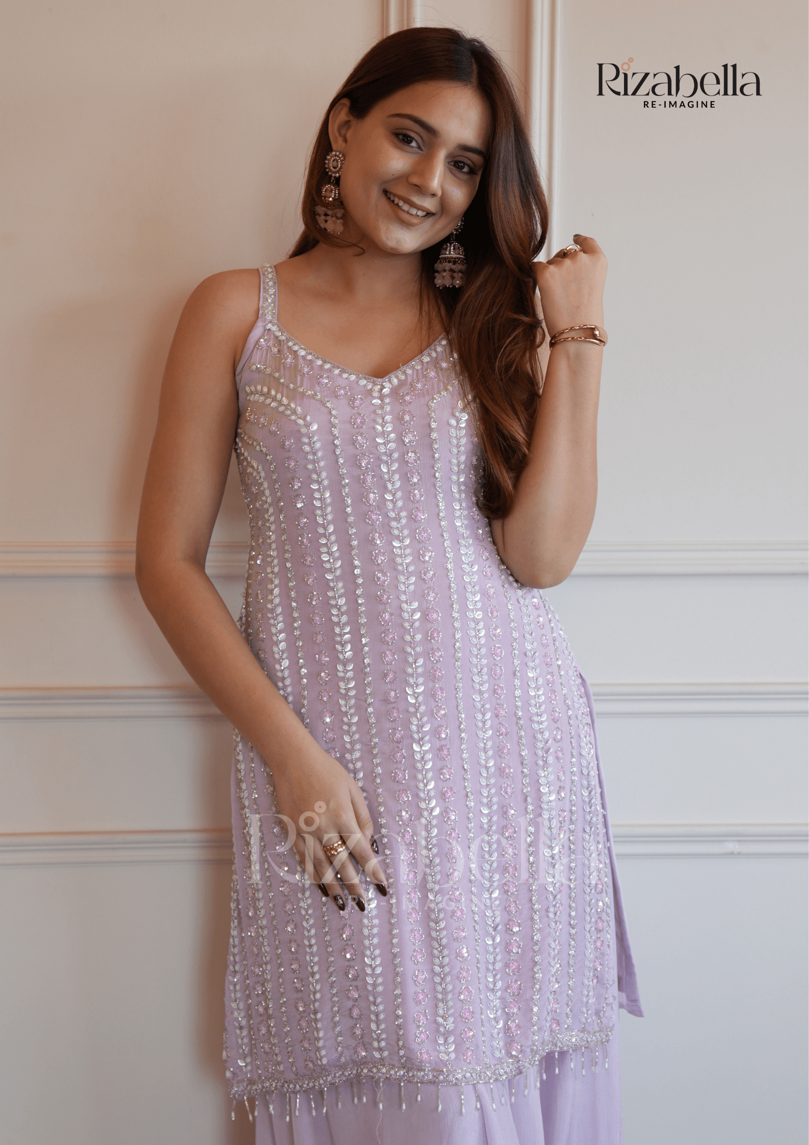 Mirror Embellished Sharara Set - Lavender