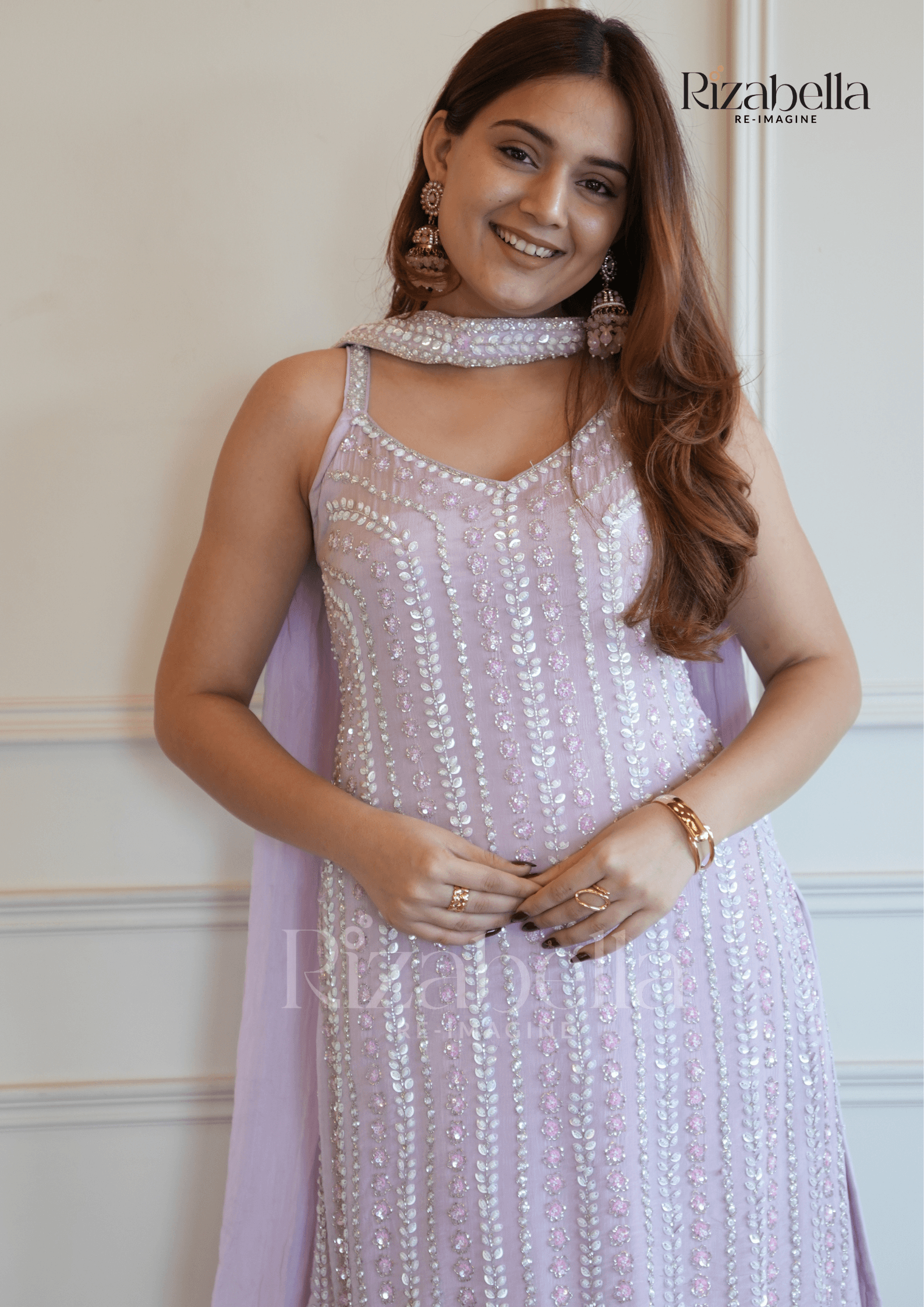 Mirror Embellished Sharara Set - Lavender