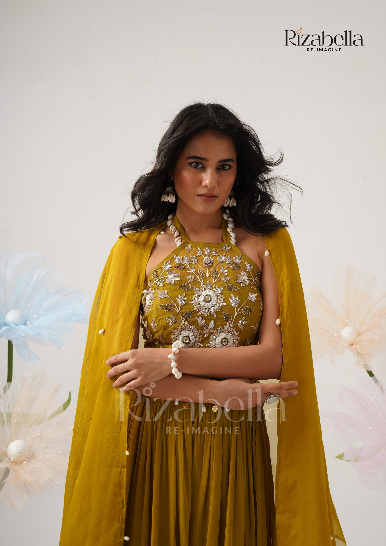 Lehenga Set with Peacock &amp; Floral handwork