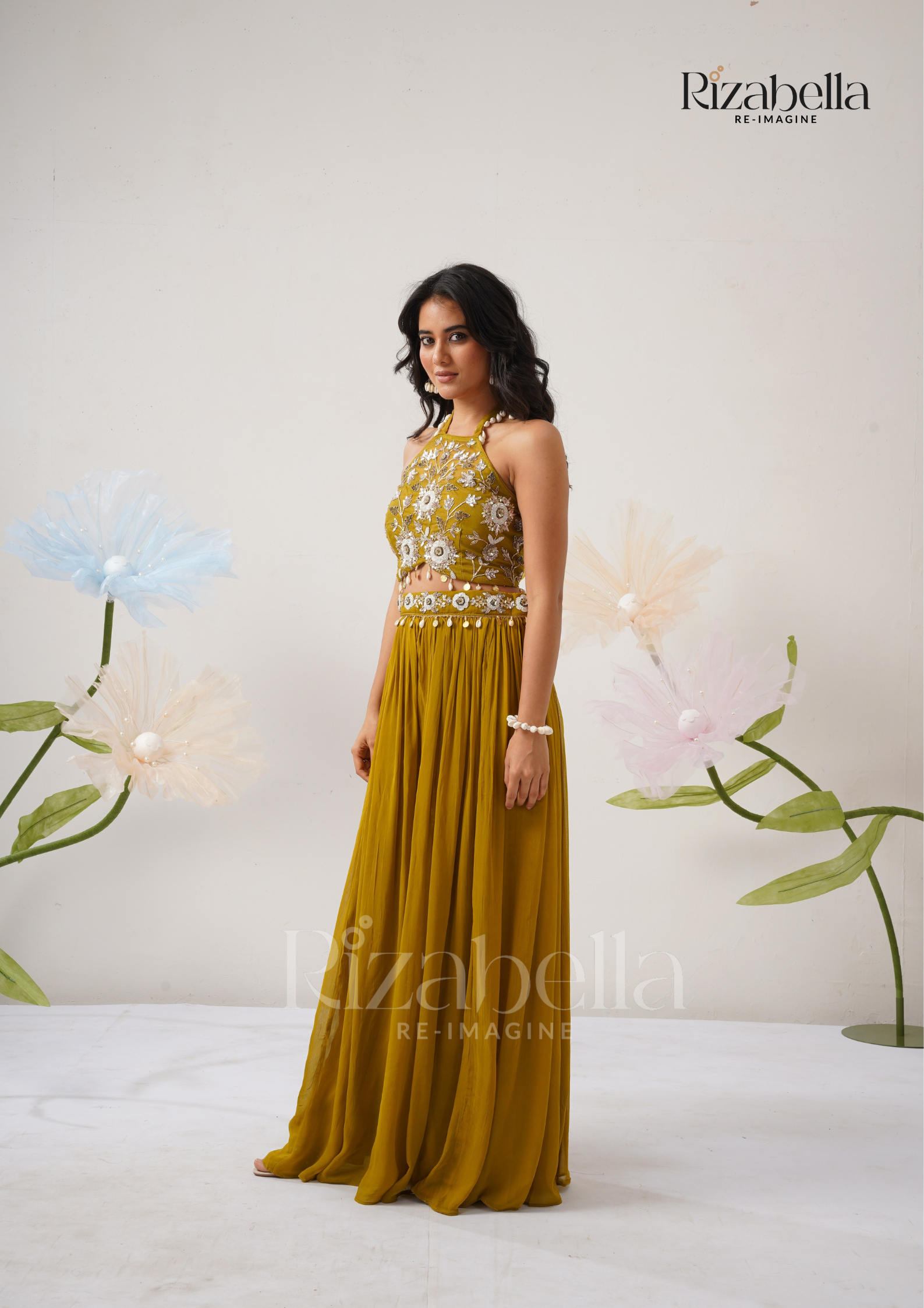 Lehenga Set with Peacock &amp; Floral handwork