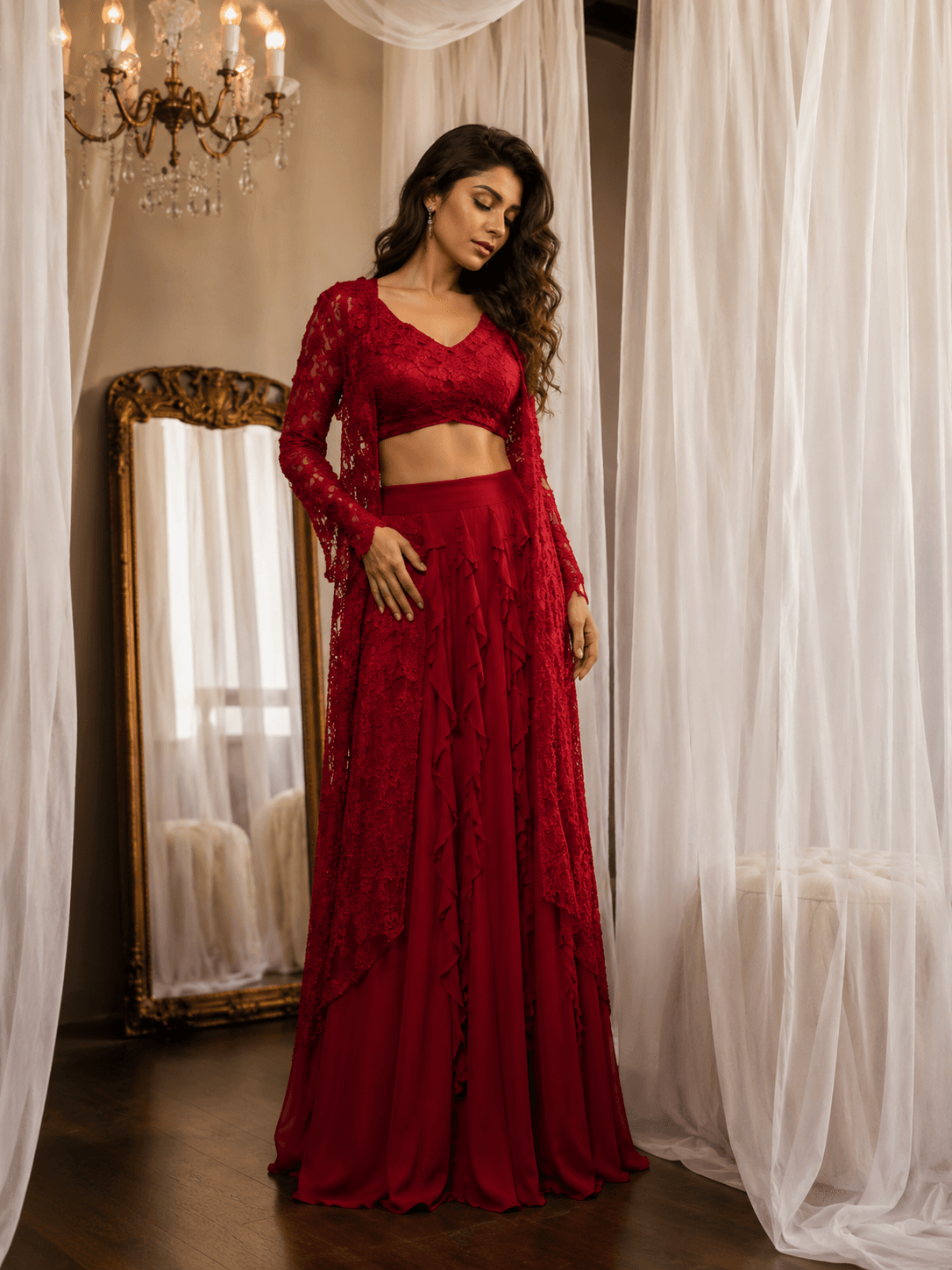 Red Rose Embroidered Lehenga Set Red