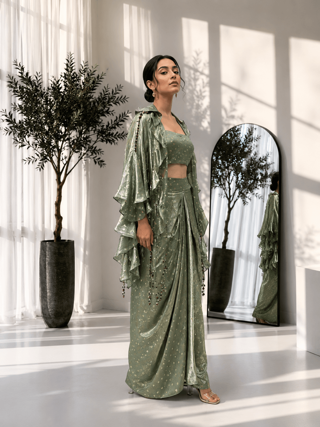 Foil Print Draped Co-ord Set with Ruffle Shrug Green