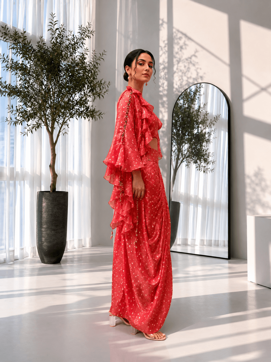 Foil Print Draped Co-ord Set with Ruffle Shrug Red