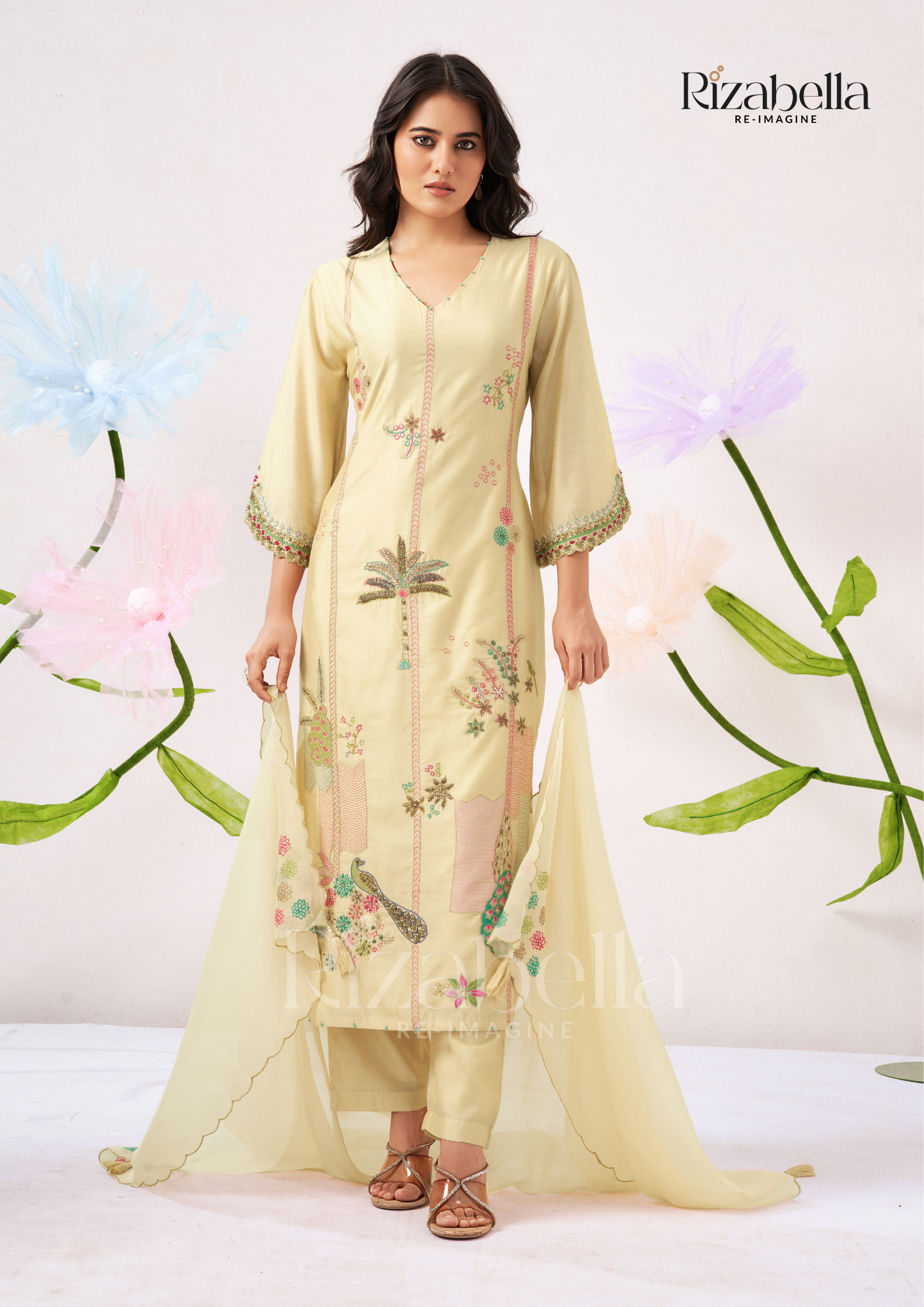 Kurta Set with Peacock &amp; Floral handwork