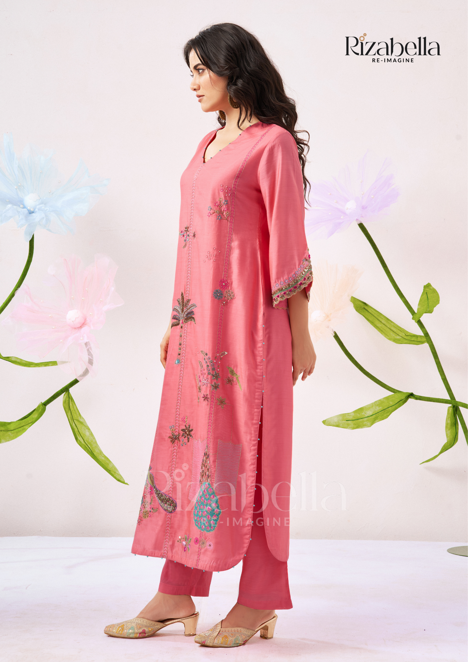 Kurta Set with Peacock &amp; Floral Handwork