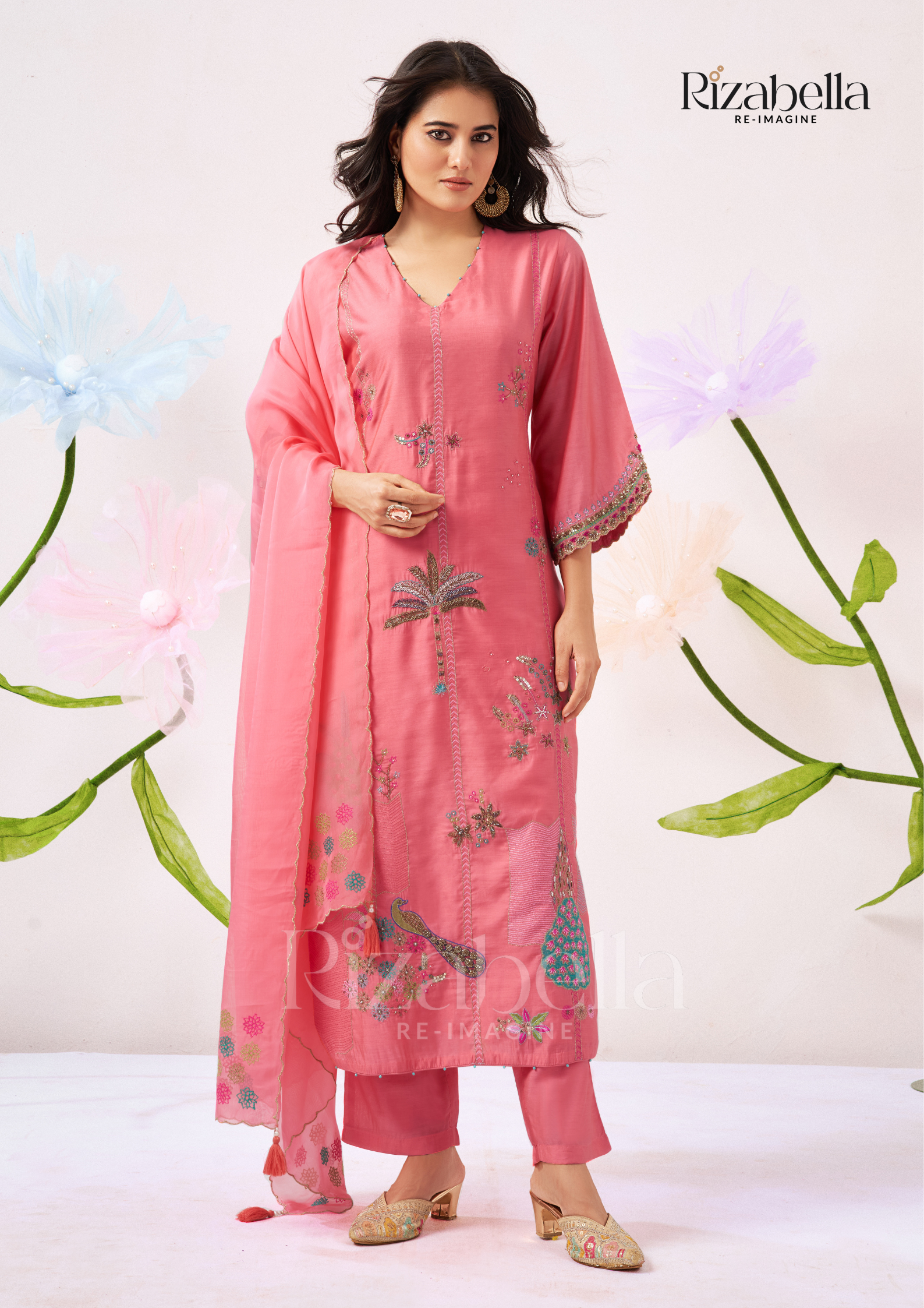 Kurta Set with Peacock &amp; Floral Handwork