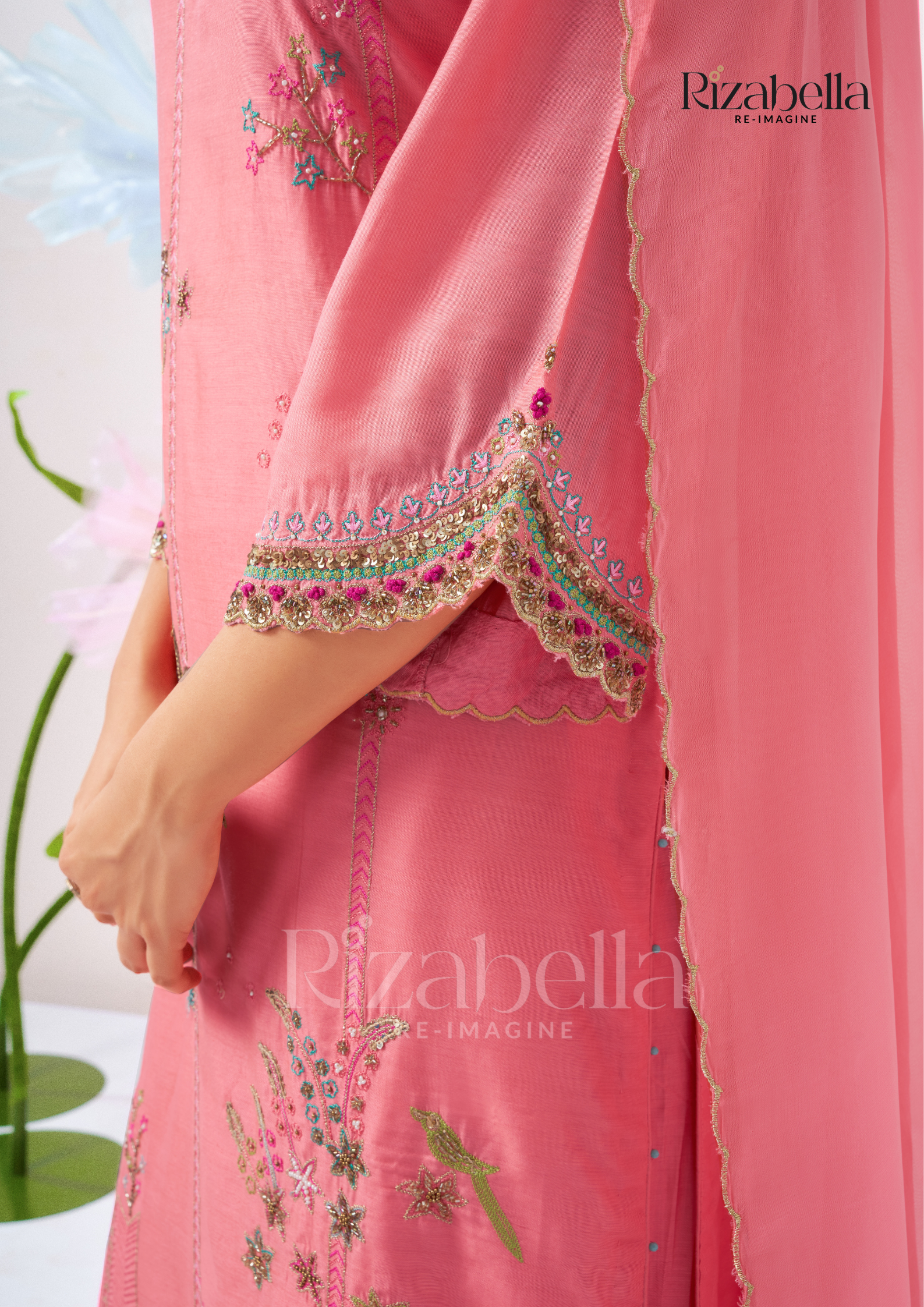 Kurta Set with Peacock &amp; Floral Handwork