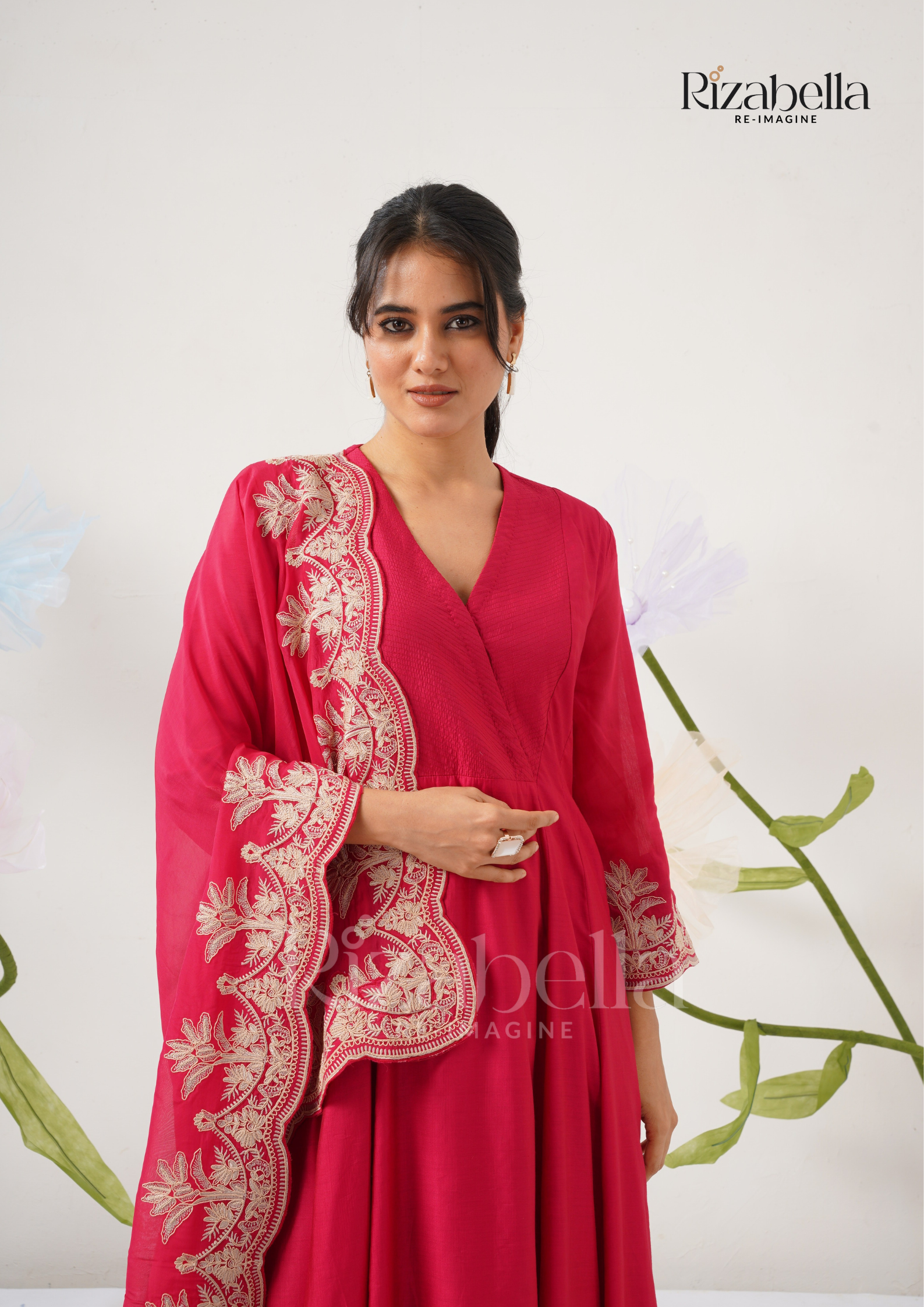 Palm Embroidered Dupatta with Anarkali Set