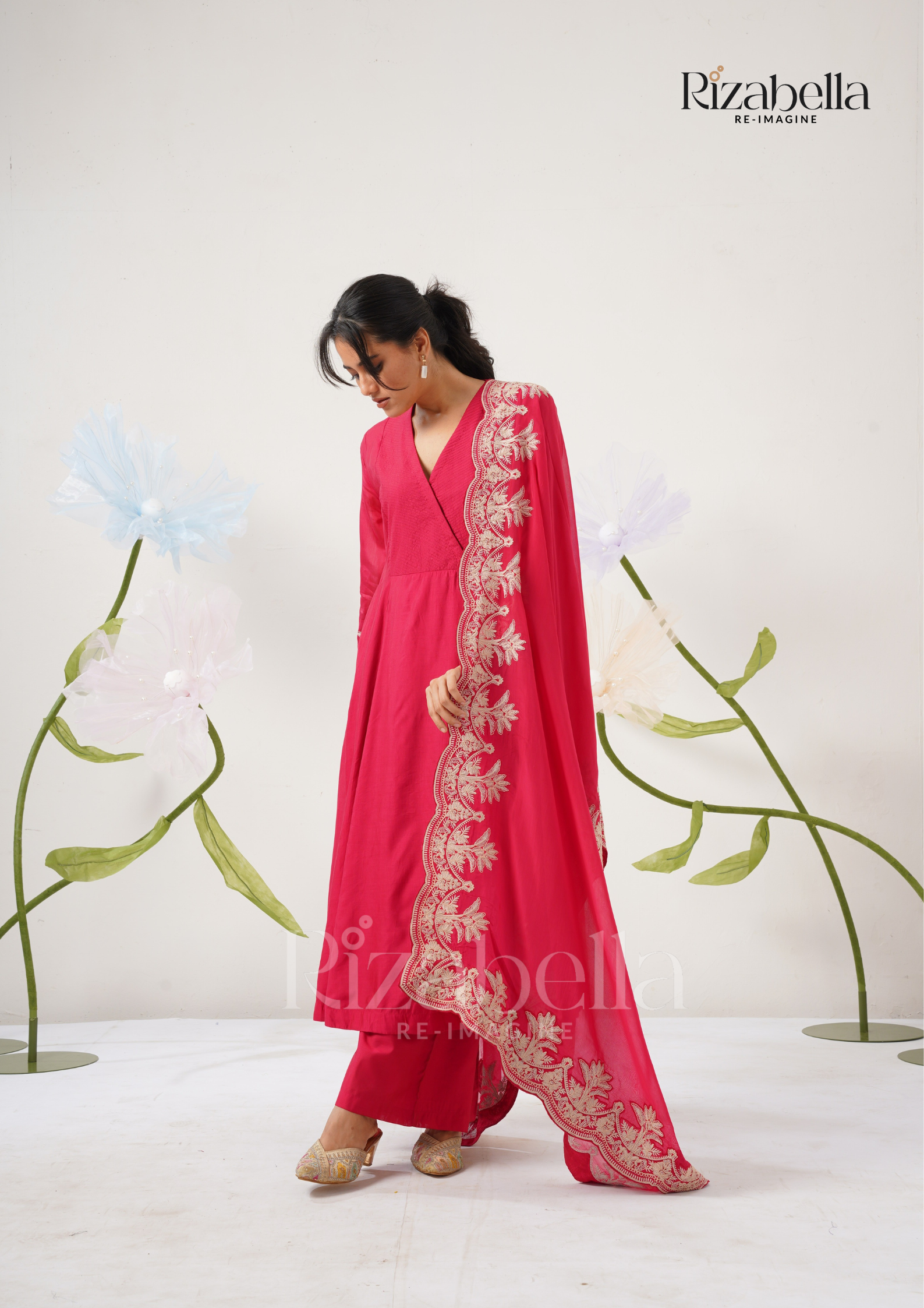 Palm Embroidered Dupatta with Anarkali Set