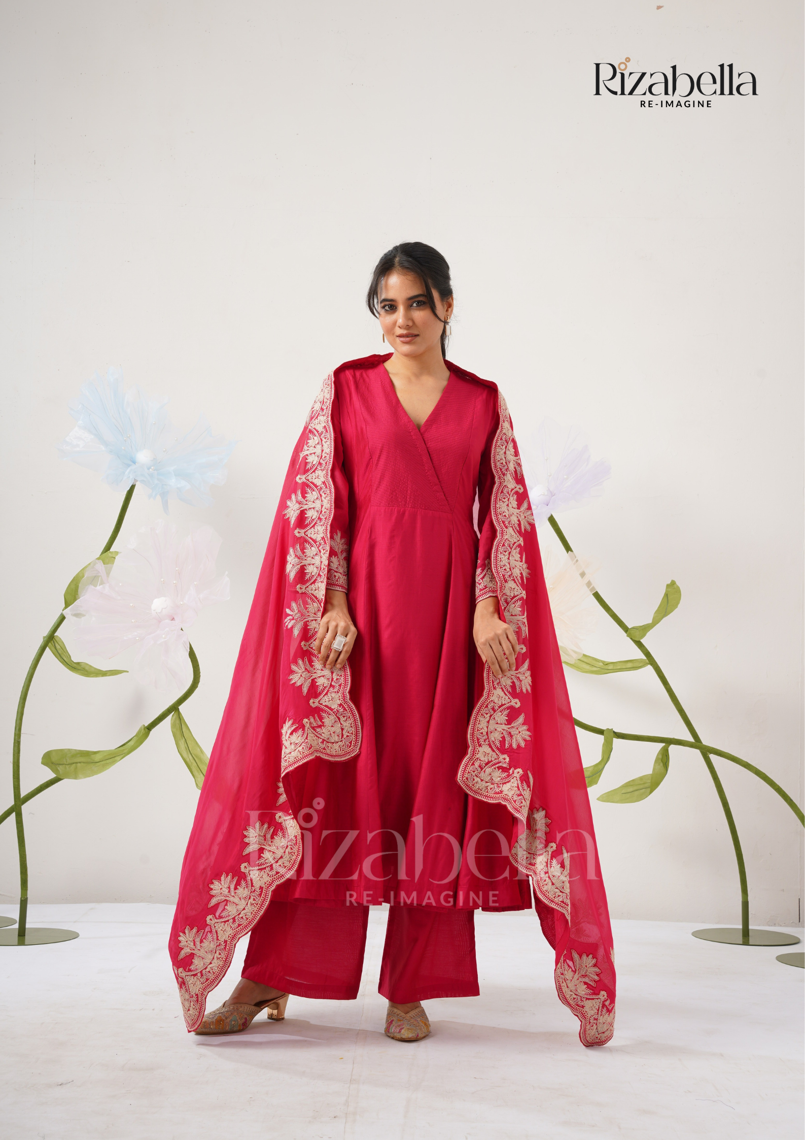 Palm Embroidered Dupatta with Anarkali Set