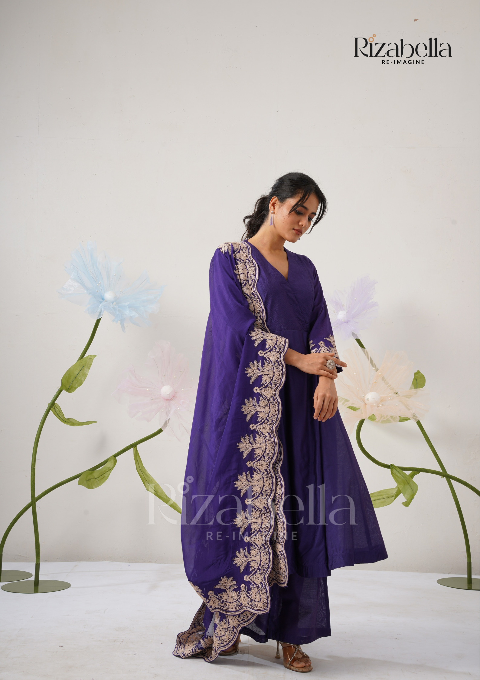 Palm Embroidered Dupatta with Anarkali Set