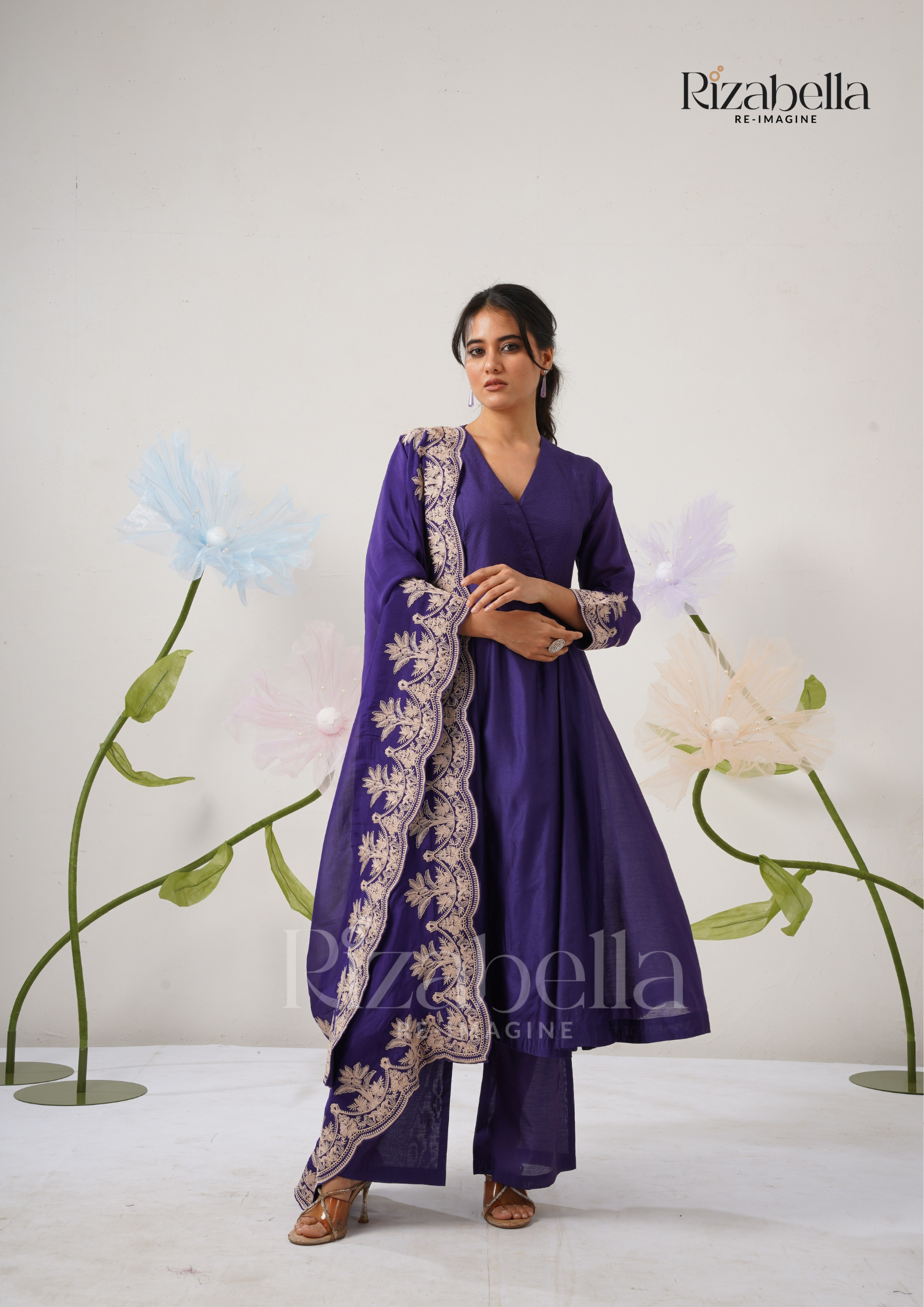 Palm Embroidered Dupatta with Anarkali Set