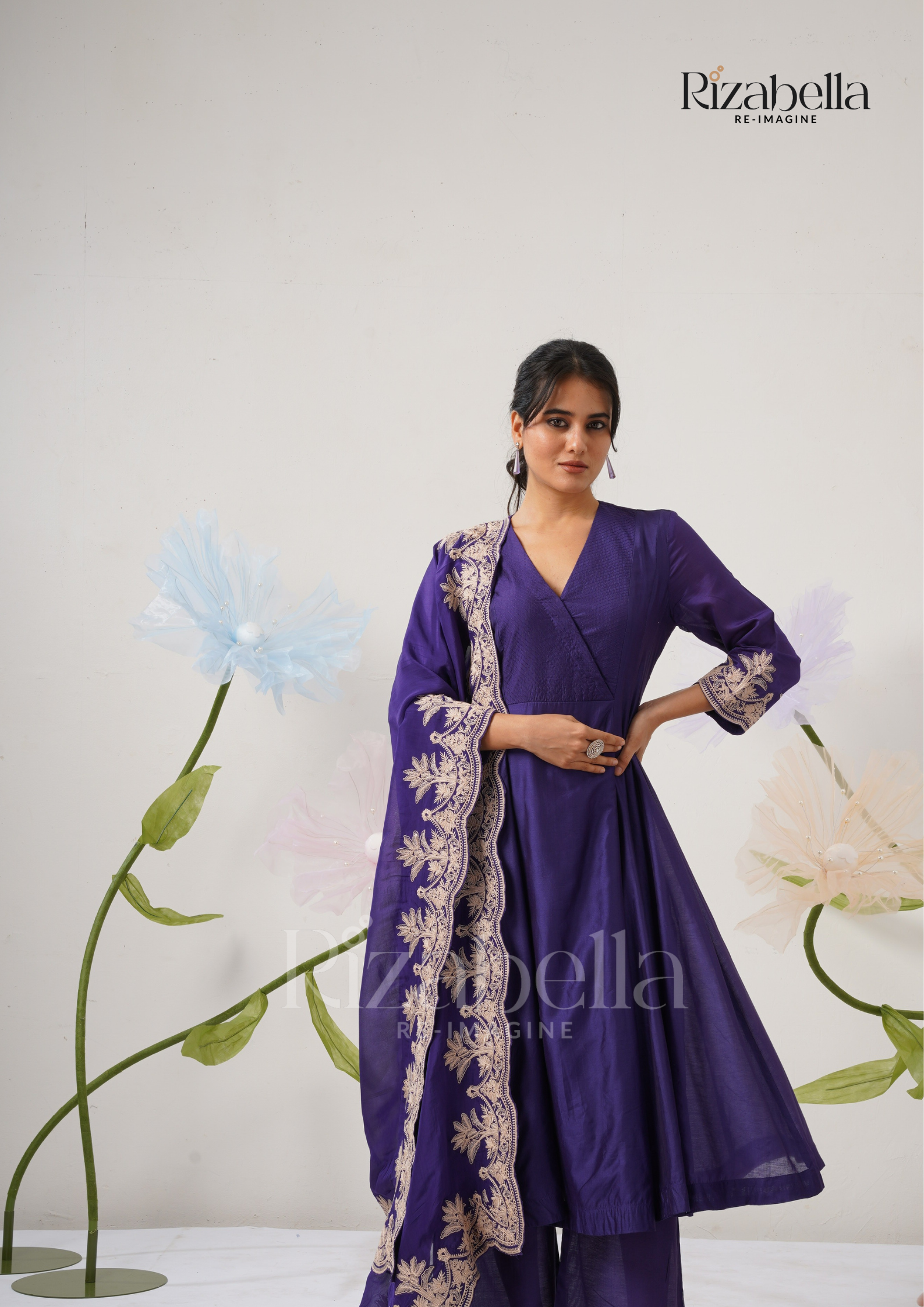 Palm Embroidered Dupatta with Anarkali Set