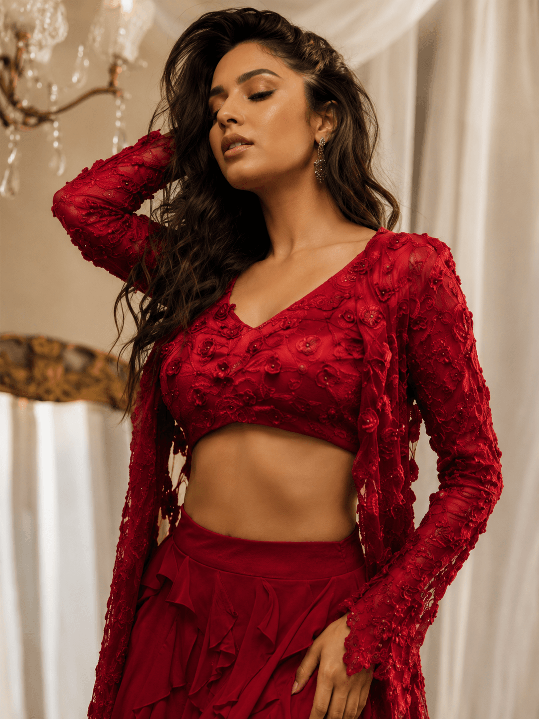 Red Rose Embroidered Lehenga Set Red