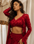 Red Rose Embroidered Lehenga Set Red
