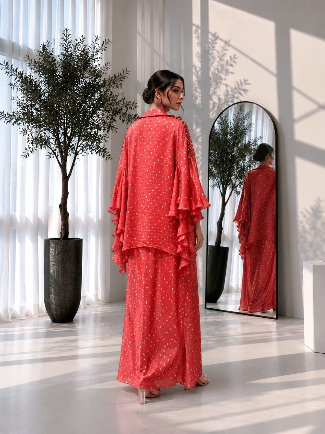 Foil Print Draped Co-ord Set with Ruffle Shrug Red