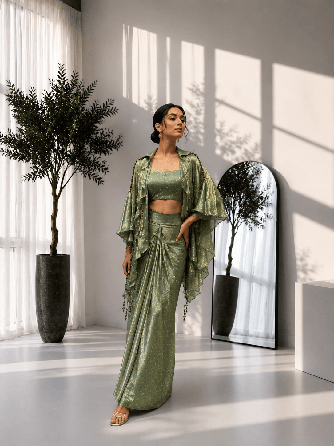 Foil Print Draped Co-ord Set with Ruffle Shrug Green