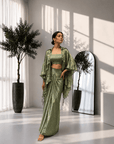Foil Print Draped Co-ord Set with Ruffle Shrug Green