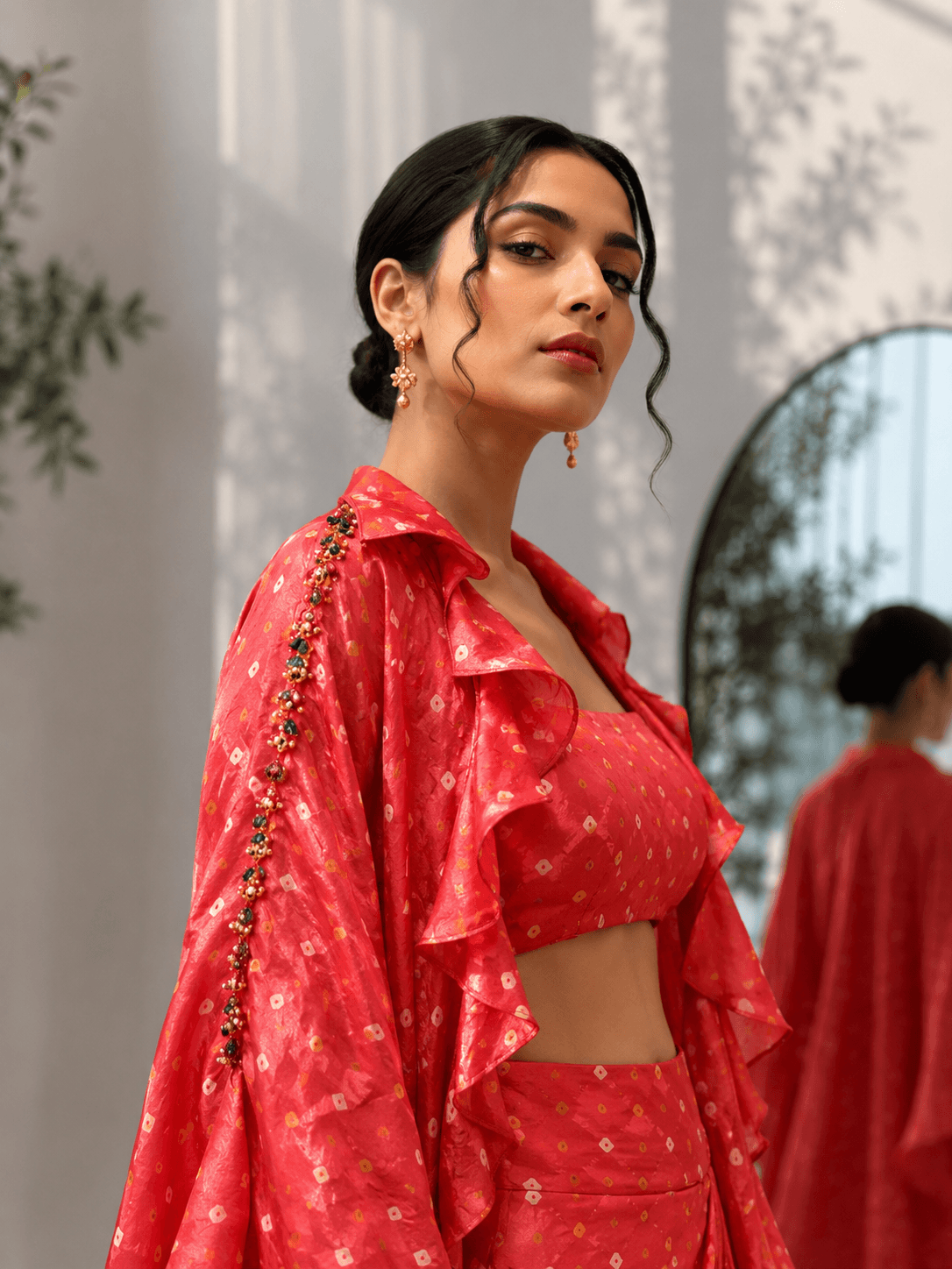 Foil Print Draped Co-ord Set with Ruffle Shrug Red