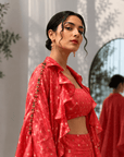 Foil Print Draped Co-ord Set with Ruffle Shrug Red