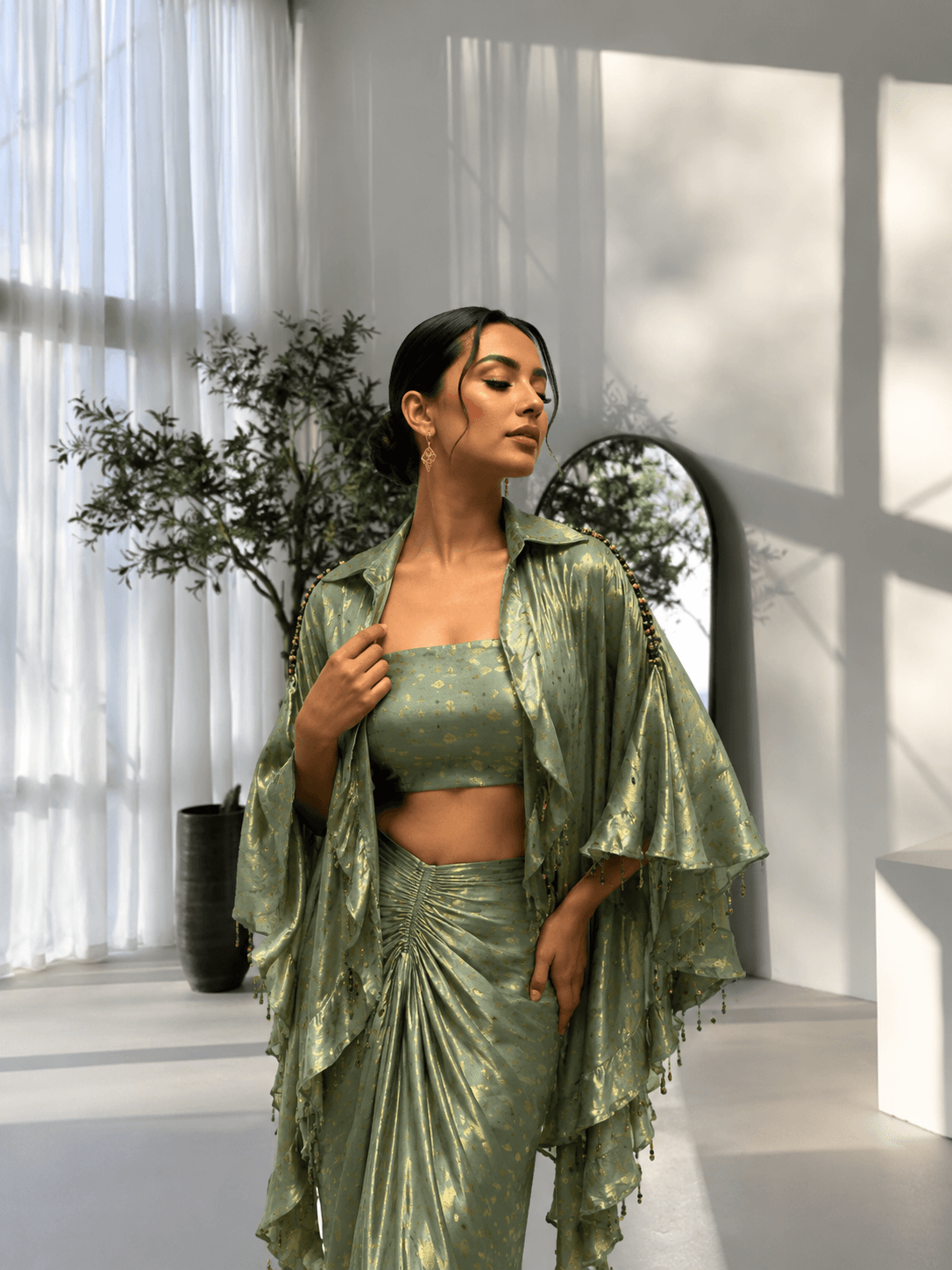 Foil Print Draped Co-ord Set with Ruffle Shrug Green